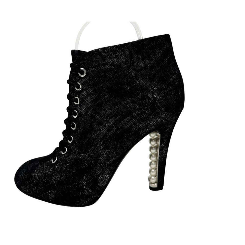 Chanel Pearl Heel CC Logo Victorian Lace Up Ankle Boots Black Silver 38